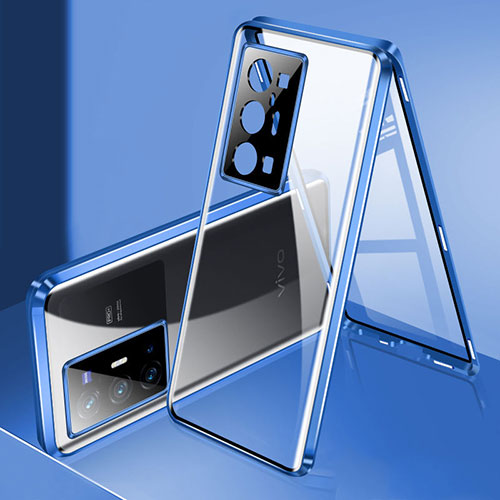 Luxury Aluminum Metal Frame Mirror Cover Case 360 Degrees P02 for Vivo X70 Pro+ Plus 5G Blue