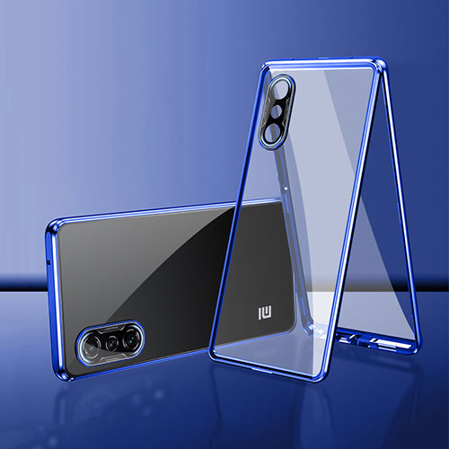 Luxury Aluminum Metal Frame Mirror Cover Case 360 Degrees P02 for Xiaomi Redmi K40 Gaming 5G Blue