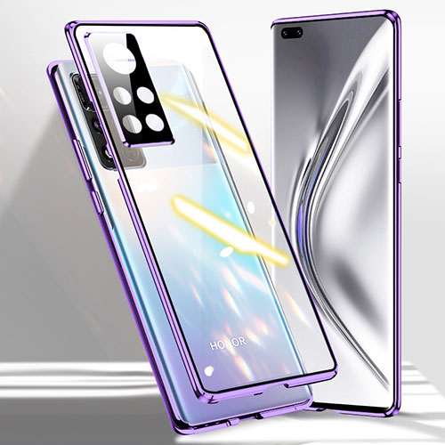 Luxury Aluminum Metal Frame Mirror Cover Case 360 Degrees P03 for Huawei Honor V40 5G Purple