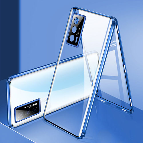 Luxury Aluminum Metal Frame Mirror Cover Case 360 Degrees P03 for Vivo iQOO 7 India 5G Blue