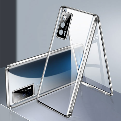 Luxury Aluminum Metal Frame Mirror Cover Case 360 Degrees P03 for Vivo iQOO 7 India 5G Silver