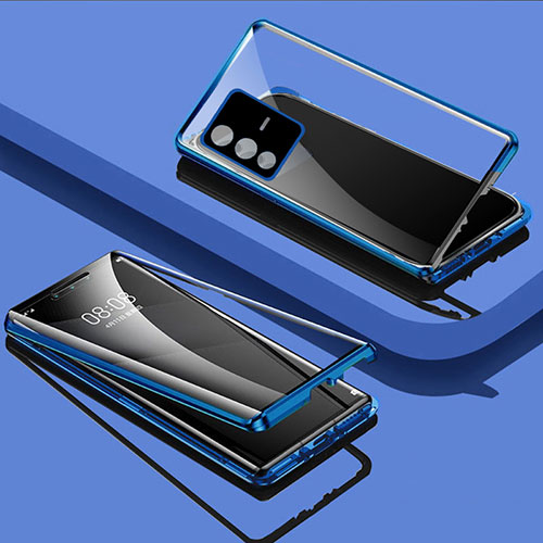 Luxury Aluminum Metal Frame Mirror Cover Case 360 Degrees P03 for Vivo V23 Pro 5G Blue