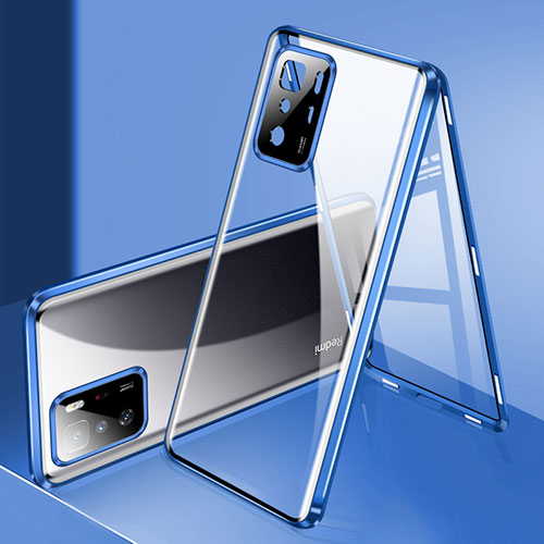 Luxury Aluminum Metal Frame Mirror Cover Case 360 Degrees P03 for Xiaomi Redmi Note 10 Pro 5G Blue