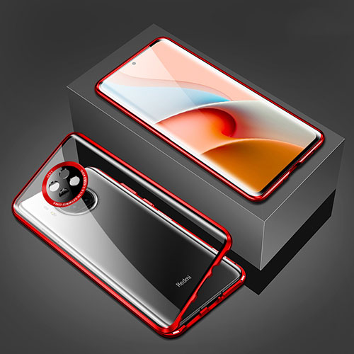 Luxury Aluminum Metal Frame Mirror Cover Case 360 Degrees P03 for Xiaomi Redmi Note 9 5G Red