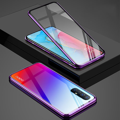 Luxury Aluminum Metal Frame Mirror Cover Case 360 Degrees T01 for Oppo Reno3 Pro Purple