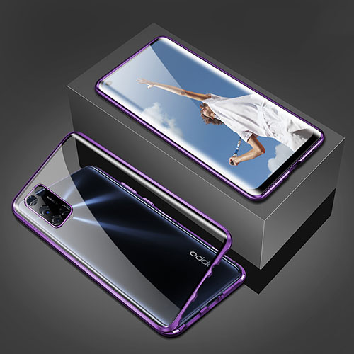 Luxury Aluminum Metal Frame Mirror Cover Case 360 Degrees T02 for Oppo A52 Purple