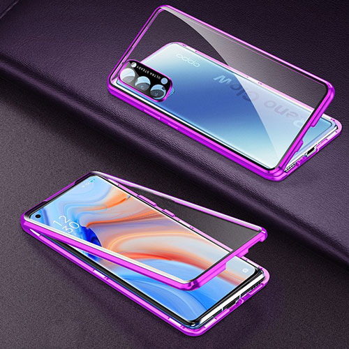 Luxury Aluminum Metal Frame Mirror Cover Case 360 Degrees T03 for Oppo Reno4 Pro 5G Purple