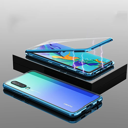 Luxury Aluminum Metal Frame Mirror Cover Case 360 Degrees T04 for Huawei P30 Blue