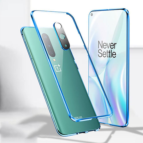 Luxury Aluminum Metal Frame Mirror Cover Case 360 Degrees T04 for OnePlus 8 Blue