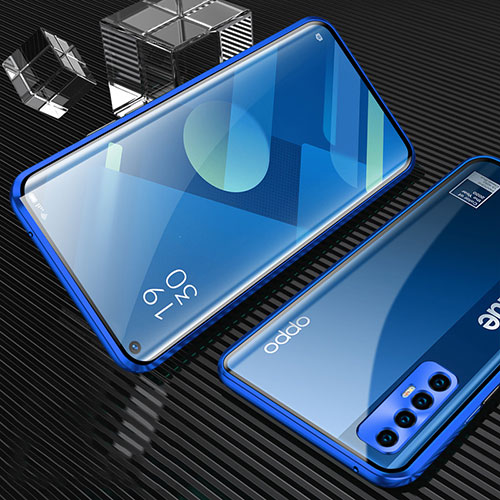 Luxury Aluminum Metal Frame Mirror Cover Case 360 Degrees T04 for Oppo Find X2 Neo Blue