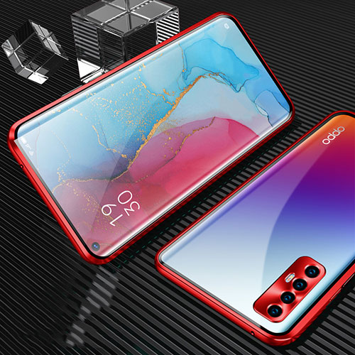 Luxury Aluminum Metal Frame Mirror Cover Case 360 Degrees T04 for Oppo Find X2 Neo Red