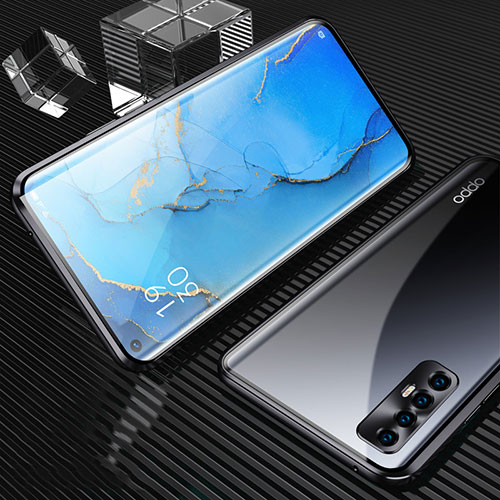 Luxury Aluminum Metal Frame Mirror Cover Case 360 Degrees T04 for Oppo Reno3 Pro Black