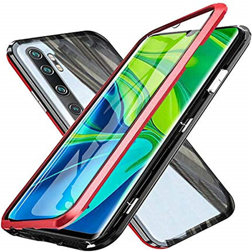 Luxury Aluminum Metal Frame Mirror Cover Case 360 Degrees T04 for Xiaomi Mi Note 10 Pro Red