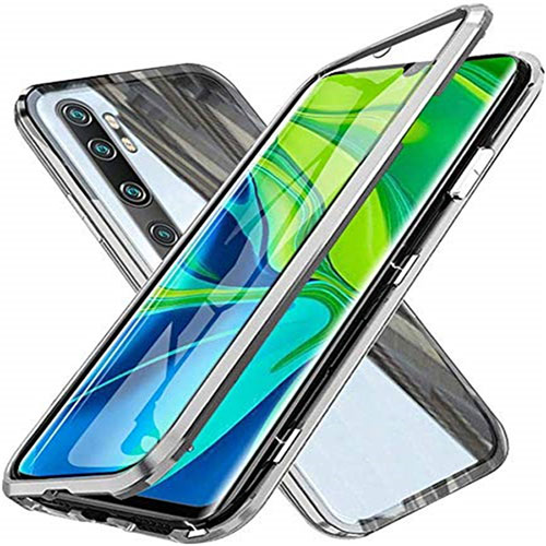 Luxury Aluminum Metal Frame Mirror Cover Case 360 Degrees T04 for Xiaomi Mi Note 10 Silver