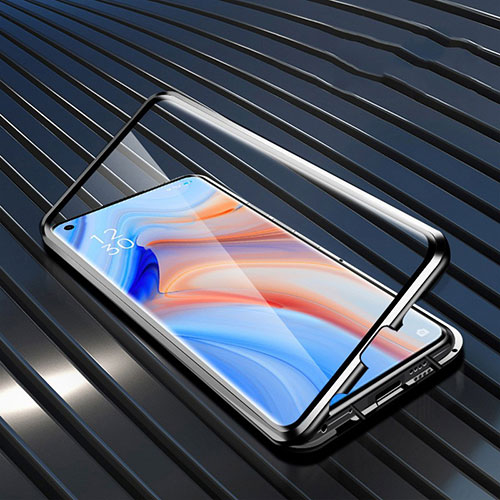 Luxury Aluminum Metal Frame Mirror Cover Case 360 Degrees T05 for Oppo Reno4 Pro 5G Black