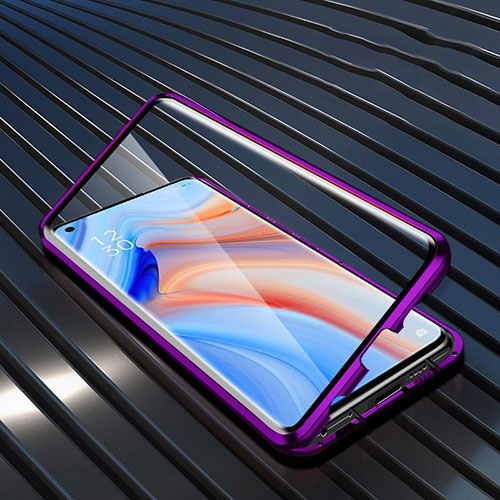 Luxury Aluminum Metal Frame Mirror Cover Case 360 Degrees T05 for Oppo Reno4 Pro 5G Purple