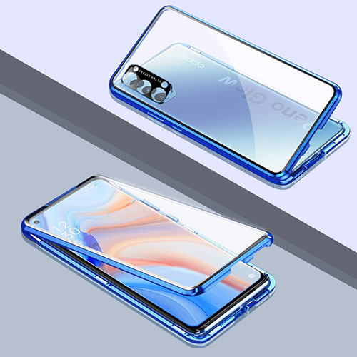 Luxury Aluminum Metal Frame Mirror Cover Case 360 Degrees T06 for Oppo Reno4 5G Blue