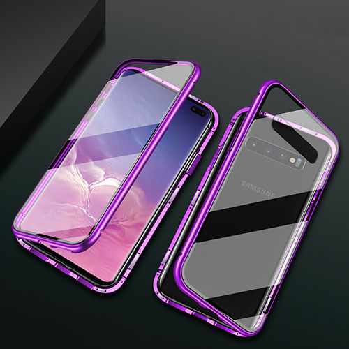 Luxury Aluminum Metal Frame Mirror Cover Case 360 Degrees T08 for Samsung Galaxy S10 Plus Purple