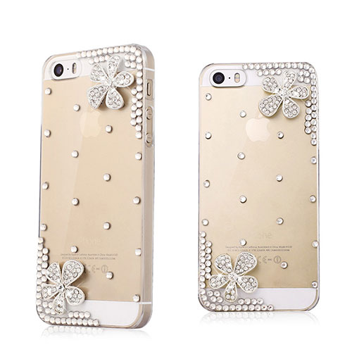 Luxury Diamond Bling Flowers Hard Rigid Case Cover for Apple iPhone 5S White