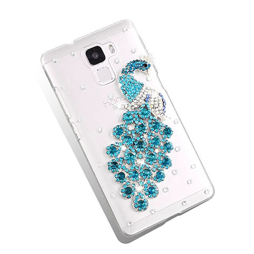 Luxury Diamond Bling Peacock Hard Rigid Case Cover for Huawei Honor 7 Dual SIM Sky Blue