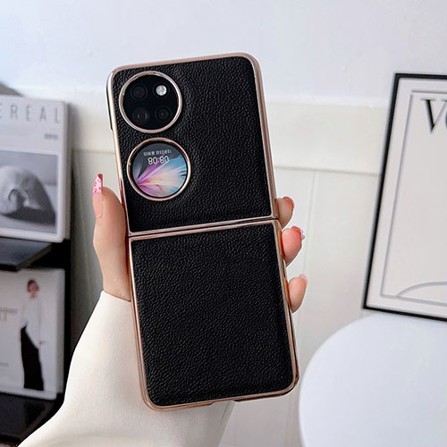 Luxury Leather Matte Finish and Plastic Back Cover Case B01H for Huawei P50 Pocket Black