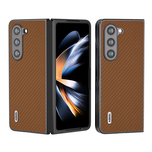 Luxury Leather Matte Finish and Plastic Back Cover Case B01H for Samsung Galaxy Z Fold5 5G Light Brown