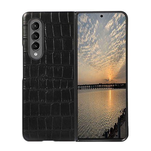 Luxury Leather Matte Finish and Plastic Back Cover Case B02 for Samsung Galaxy Z Fold3 5G Black