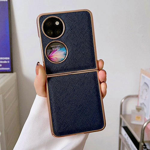 Luxury Leather Matte Finish and Plastic Back Cover Case B02H for Huawei P60 Pocket Blue