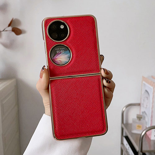 Luxury Leather Matte Finish and Plastic Back Cover Case B02H for Huawei P60 Pocket Red