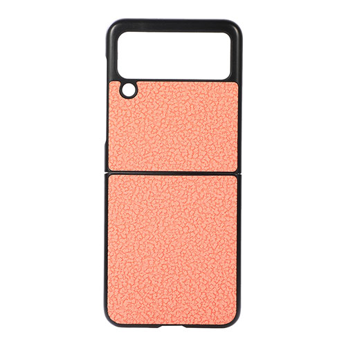 Luxury Leather Matte Finish and Plastic Back Cover Case B03 for Samsung Galaxy Z Flip3 5G Orange