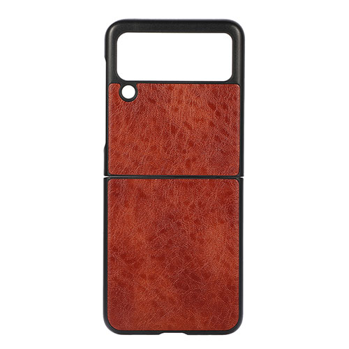 Luxury Leather Matte Finish and Plastic Back Cover Case B04 for Samsung Galaxy Z Flip3 5G Brown