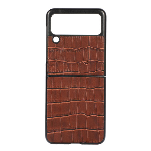 Luxury Leather Matte Finish and Plastic Back Cover Case B05 for Samsung Galaxy Z Flip3 5G Brown