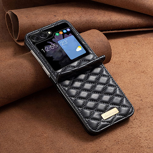 Luxury Leather Matte Finish and Plastic Back Cover Case BF6 for Samsung Galaxy Z Flip5 5G Black