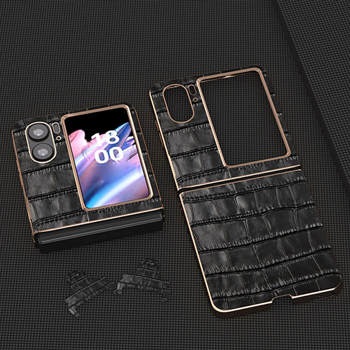 Luxury Leather Matte Finish and Plastic Back Cover Case BH12 for Oppo Find N2 Flip 5G Black