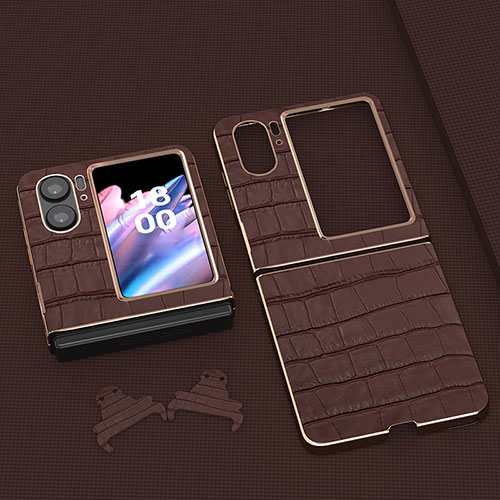 Luxury Leather Matte Finish and Plastic Back Cover Case BH12 for Oppo Find N2 Flip 5G Brown