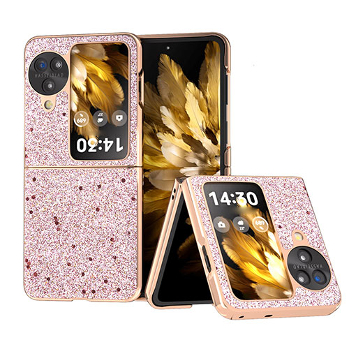 Luxury Leather Matte Finish and Plastic Back Cover Case BH23 for Oppo Find N3 Flip 5G Rose Gold