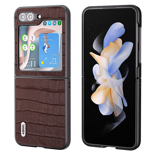 Luxury Leather Matte Finish and Plastic Back Cover Case BH8 for Samsung Galaxy Z Flip5 5G Brown