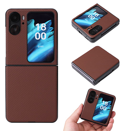 Luxury Leather Matte Finish and Plastic Back Cover Case BY1 for Oppo Find N2 Flip 5G Brown