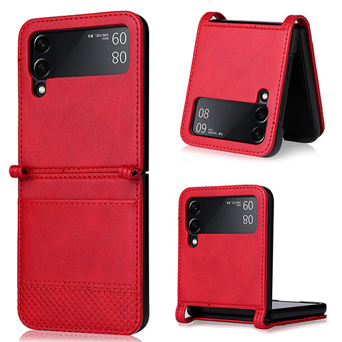 Luxury Leather Matte Finish and Plastic Back Cover Case BY1 for Samsung Galaxy Z Flip3 5G Red