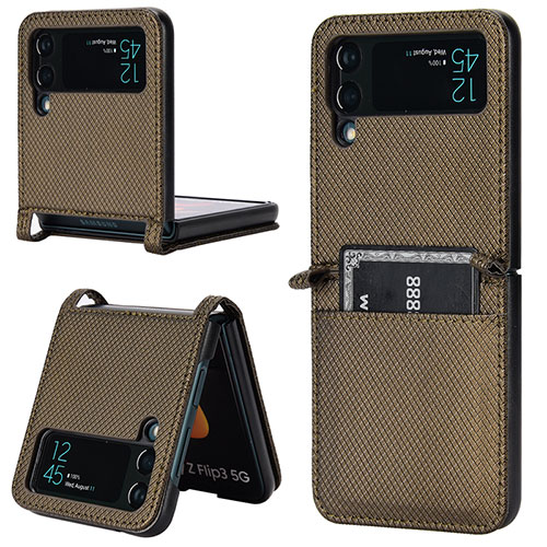 Luxury Leather Matte Finish and Plastic Back Cover Case BY1 for Samsung Galaxy Z Flip4 5G Brown