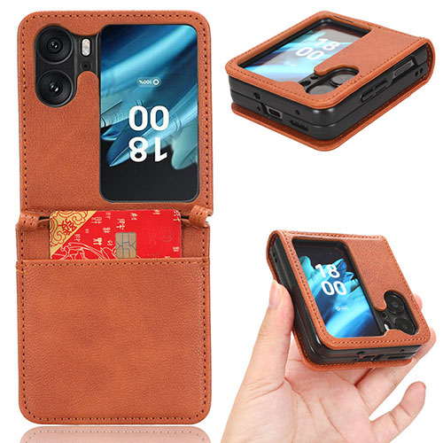 Luxury Leather Matte Finish and Plastic Back Cover Case BY2 for Oppo Find N2 Flip 5G Brown