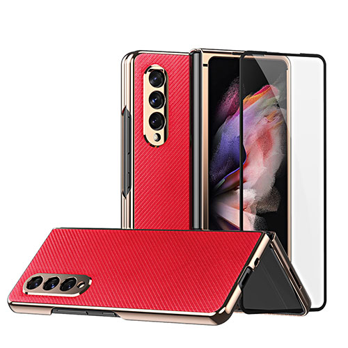 Luxury Leather Matte Finish and Plastic Back Cover Case C03 for Samsung Galaxy Z Fold3 5G Red