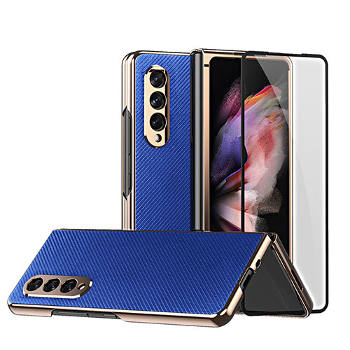 Luxury Leather Matte Finish and Plastic Back Cover Case C03 for Samsung Galaxy Z Fold4 5G Blue