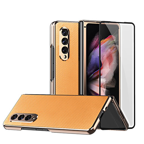 Luxury Leather Matte Finish and Plastic Back Cover Case C03 for Samsung Galaxy Z Fold4 5G Orange