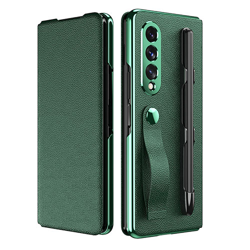 Luxury Leather Matte Finish and Plastic Back Cover Case C06 for Samsung Galaxy Z Fold3 5G Green