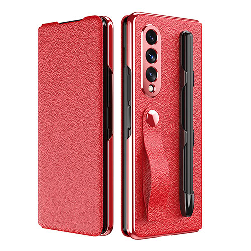 Luxury Leather Matte Finish and Plastic Back Cover Case C06 for Samsung Galaxy Z Fold3 5G Red