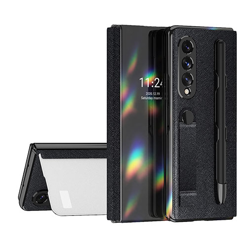 Luxury Leather Matte Finish and Plastic Back Cover Case C07 for Samsung Galaxy Z Fold3 5G Black