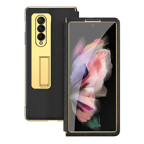 Luxury Leather Matte Finish and Plastic Back Cover Case C08 for Samsung Galaxy Z Fold4 5G Black