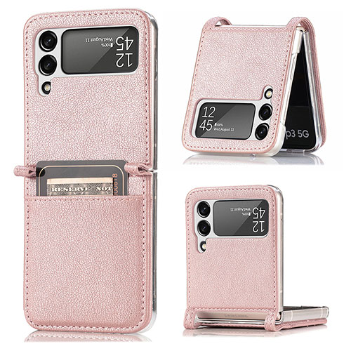 Luxury Leather Matte Finish and Plastic Back Cover Case H01 for Samsung Galaxy Z Flip3 5G Rose Gold