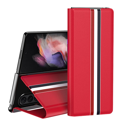 Luxury Leather Matte Finish and Plastic Back Cover Case H02 for Samsung Galaxy Z Fold3 5G Red